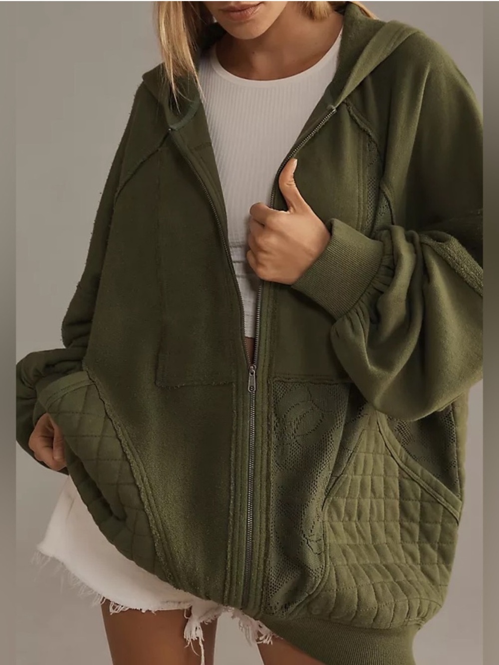 Pilcro Anthropologie Mixed Media Quilted Lace Zip Up Hoodie Green Size L/XL